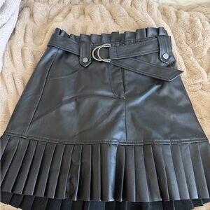 Black Faux Leather Pleated Mini Skirt with Belt